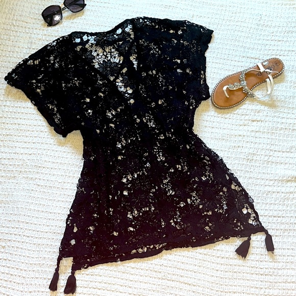NWT Black lace swim cover up with ties and tassels sz M black sheer lace - Picture 6 of 6